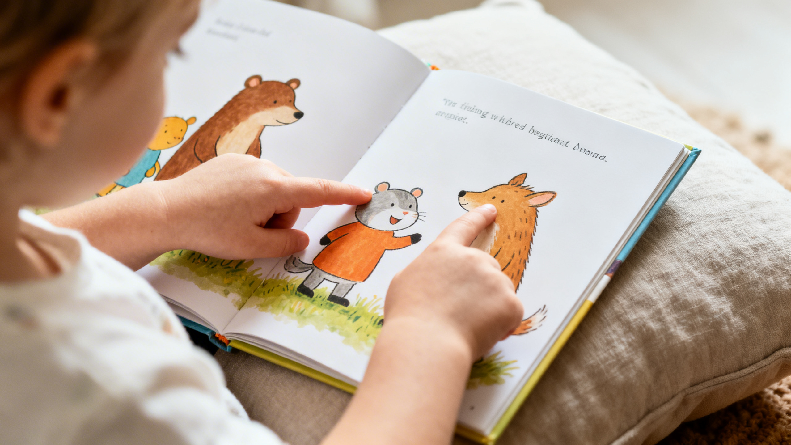 Child's hands pointing at an illustration in a picture book