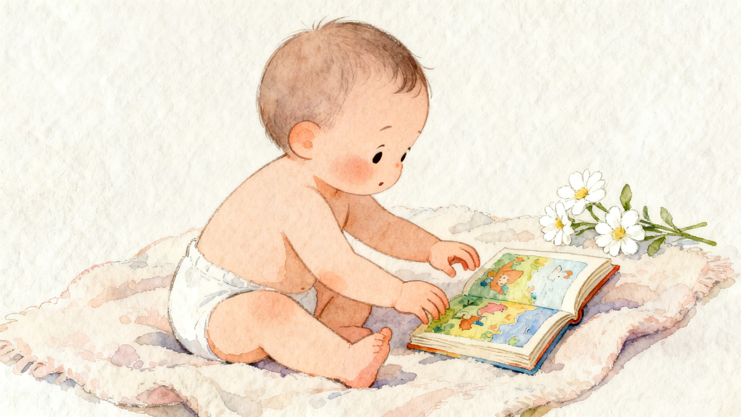 Baby reaching for a colorful picture book
