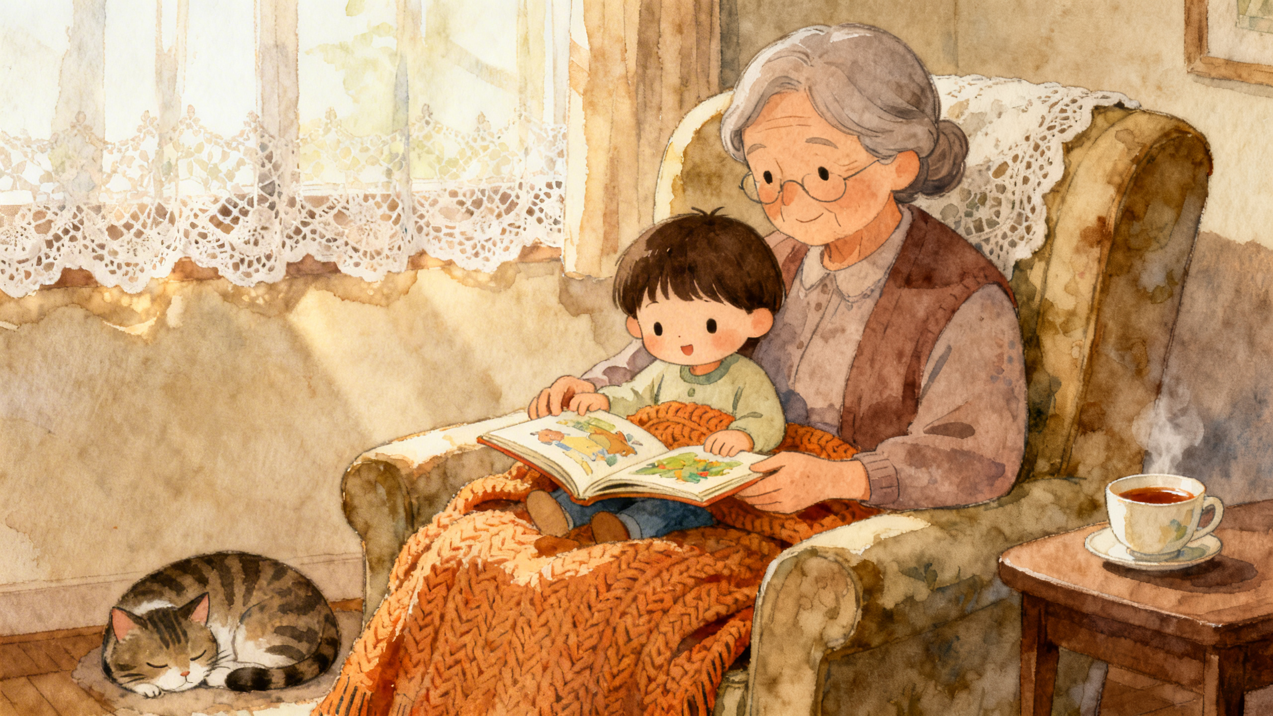 Bestemor og barn leser bok sammen