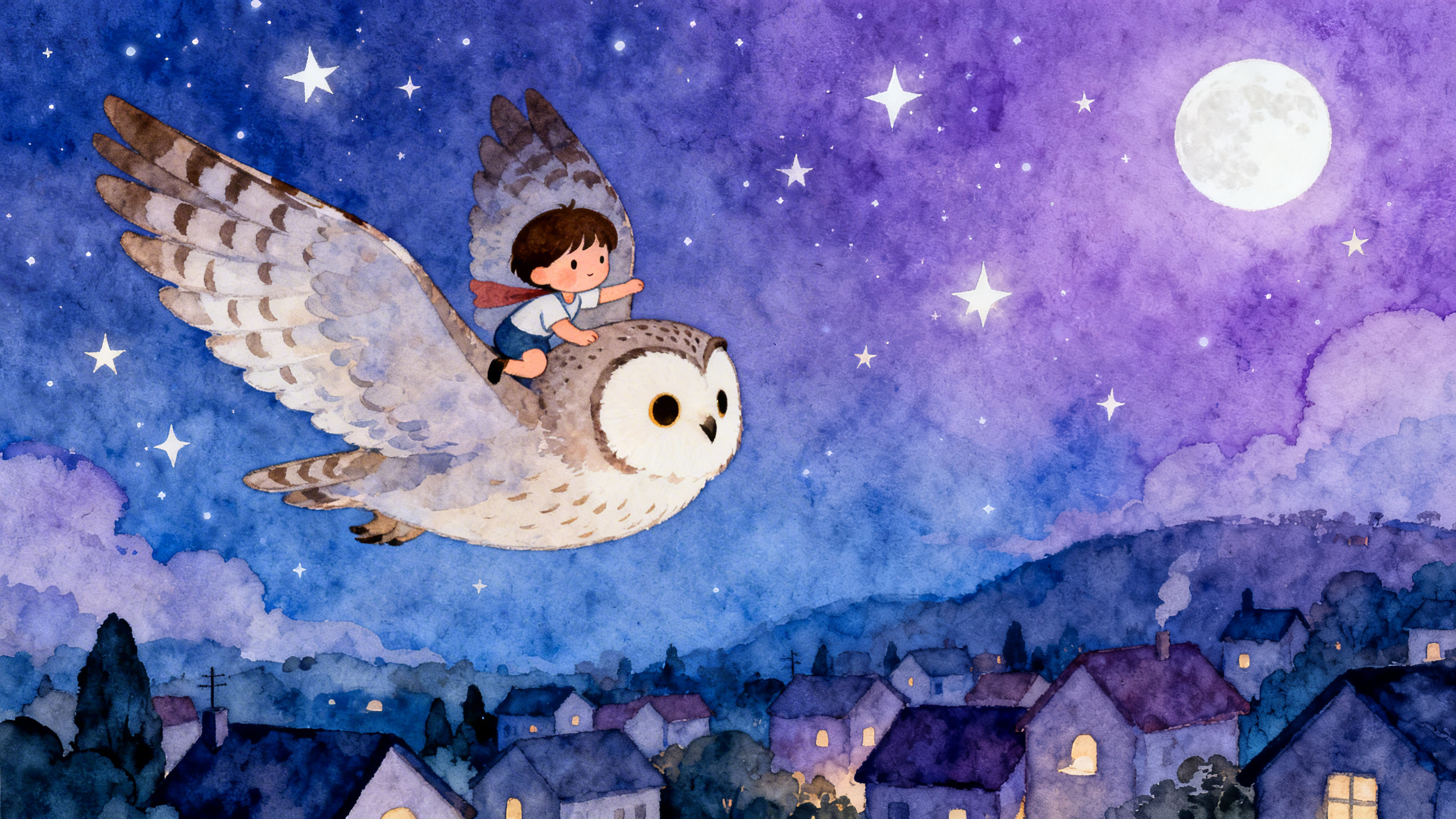 Dream scene with a child flying over a sleeping village