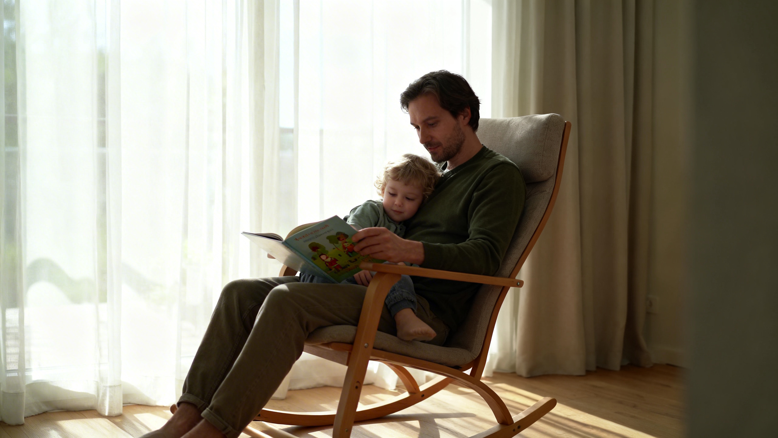 Parent comforting child with a book in their lap